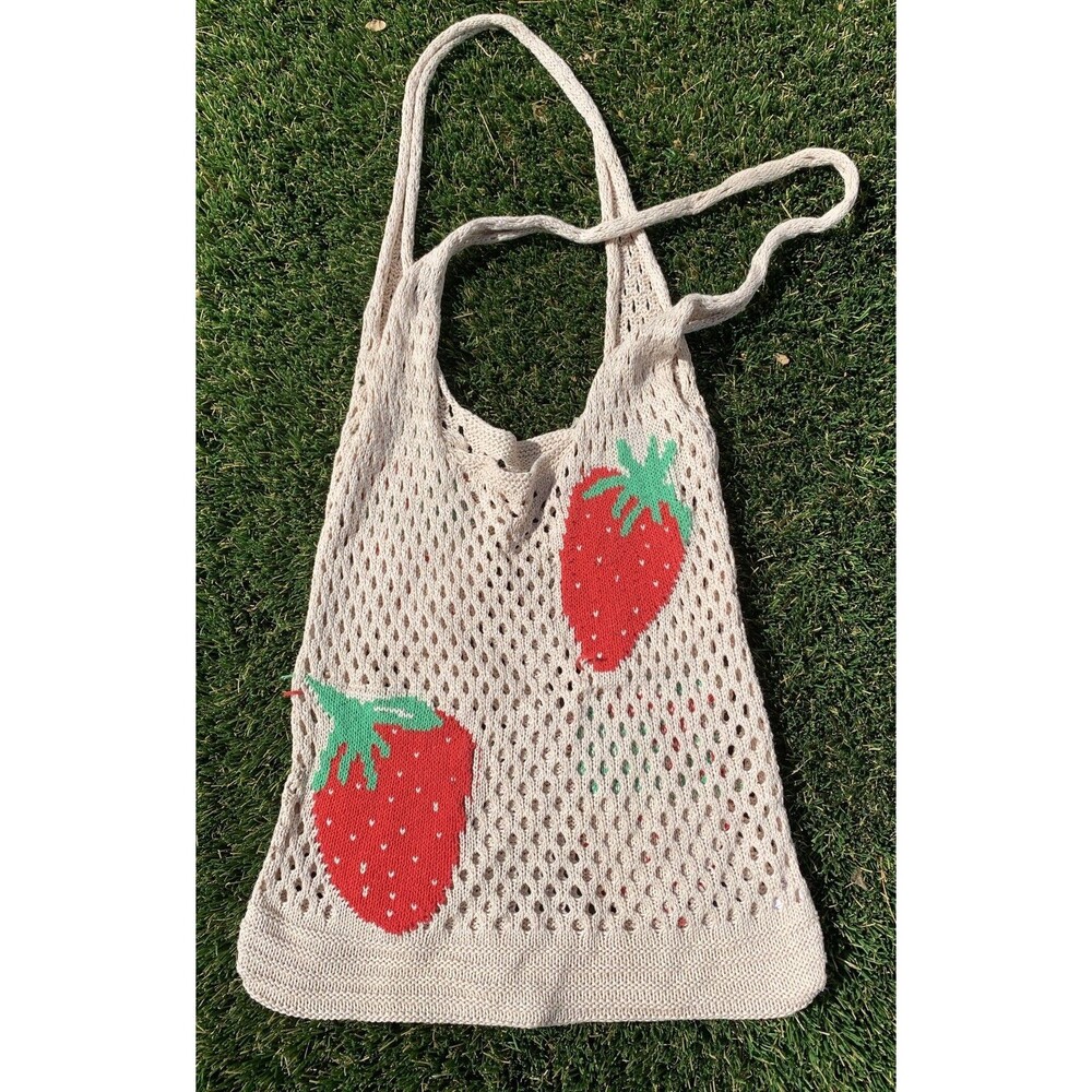 Cottagecore Crochet Strawberry Fruit Hearts Tote Bag Cream Knit Shoulder Purse